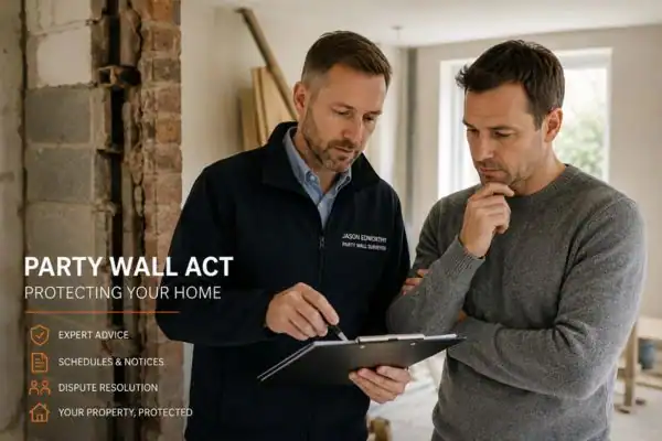 Party wall surveyor Blackburn discussing extension plans with homeowner outside a UK semi-detached house.